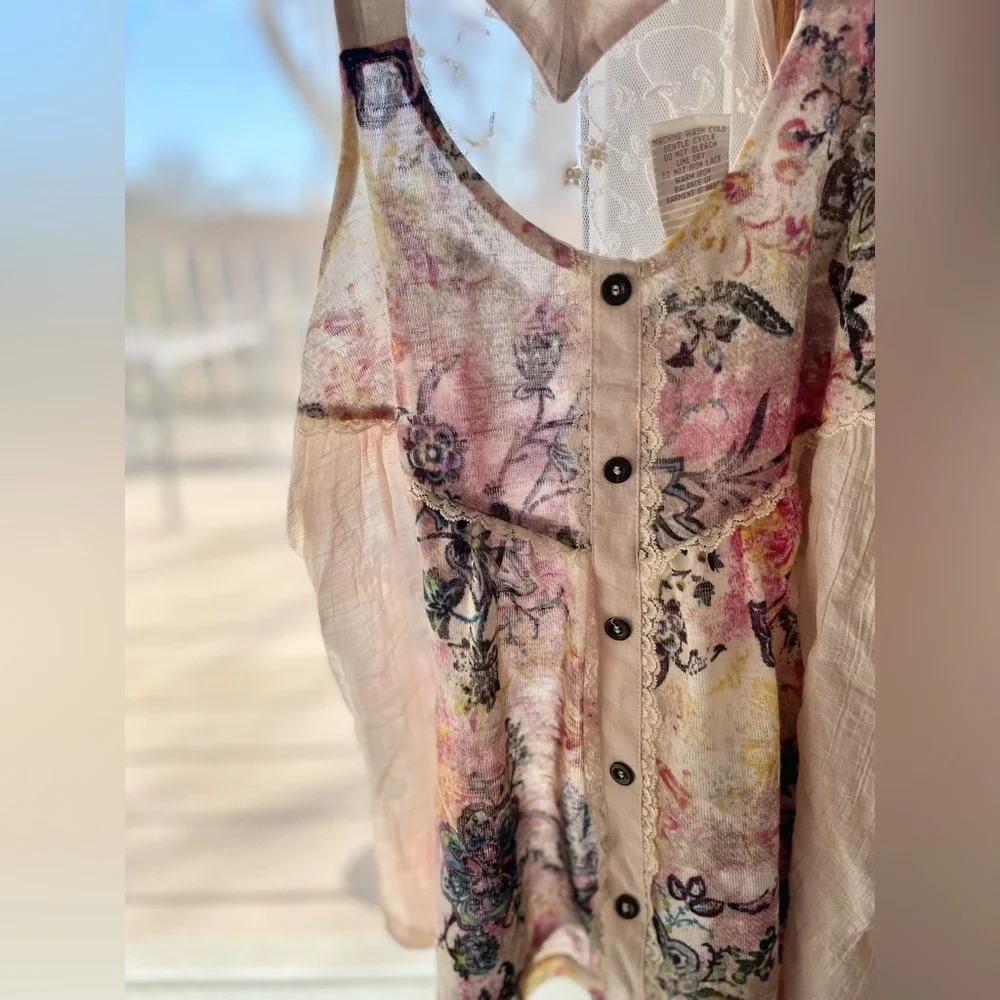 Daytrip Mixed Material Floral Sleeveless Cream Pink Tank Top y2k - M - Picture 9 of 12